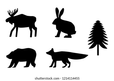 Bear, moose, rabbit, fox, fir silhouettes on the white background. Isolated of isolate