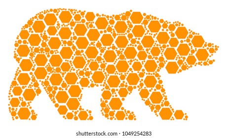 Bear mosaic composed of filled hexagon design elements. Vector filled hexagon elements are organized into conceptual bear illustration.