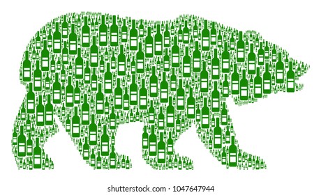 Bear mosaic composed of wine bottle pictograms. Vector wine bottle icons are united into geometric bear composition.