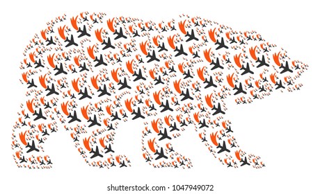 Bear mosaic created of falling airplane pictograms. Vector falling airplane design elements are combined into geometric bear pattern.