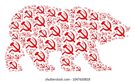 Bear mosaic organized of sickle and hammer design elements. Vector sickle and hammer pictograms are composed into mosaic bear pattern.