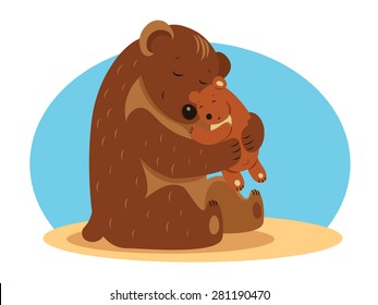Bear mother hugging a bear cub. Vector Illustration.