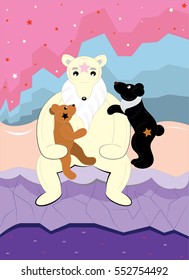 Bear Mother sits and holds two bear cubs