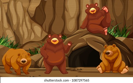 Bear At The Mountain Cave Illustration