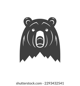 Bear mountain head monochrome silhouette camping hunting vintage logo design vector illustration. Wild grizzly carnivorous power predator animal portrait cliff rock double exposure effect mascot icon