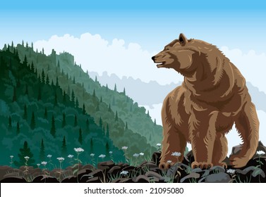 Bear in mountain landscape rises on a grief.