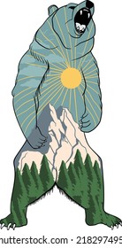 Bear with a mountain landscape. For t-shirt prints, posters, and other. Vector illustration
