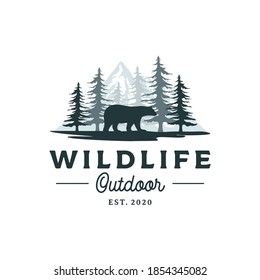 Bear, Mountain and Pine Cedar Conifer Wilderness Adventure Logo Design