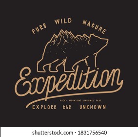 Bear with a mountain range on its back expedition typography t-shirt print. explore the wild. American national park wild nature hiking t-shirt print with a grizzly bear vector illustration.