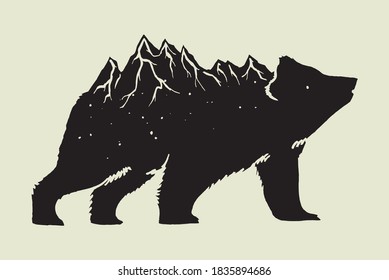 Bear with mountain range on its back isolated vector illustration. American national parks symbol. Animal spirit of the outdoors.