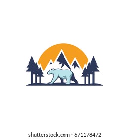 Bear in mountain with sunset logo template design vector illustration