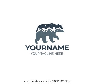 Bear And Mountains Logo Template. Mountain Landscape And Night Sky Vector Design. Animal And Nature Illustration