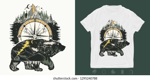 Bear and mountains. Otdoors print for t-shirts and another, trendy apparel design. Magic tribal, double exposure animals 