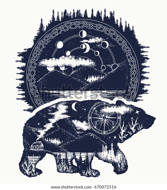 Bear Mountains Tattoo Art Mountain Forest Stock Vector Royalty