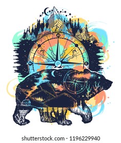 Bear and mountains tattoo watercolor splashes style. Travel symbol, adventure tourism. Mountain, forest, night sky. Magic tribal bear double exposure animals