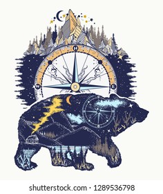 Bear and mountains, t-shirt design art. Travel and outdoor symbol, adventure tourism. Mountain, forest, night sky. Magic tribal bear double exposure animals 