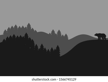 Bear in the mountains. Vector black and white illustration of a bear on a background of mountains and forest. Vector, cartoon illustration of a mountain landscape, vector.