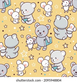 Bear and mouse best friends. Seamless pattern with hand drawn illustrations with animal theme