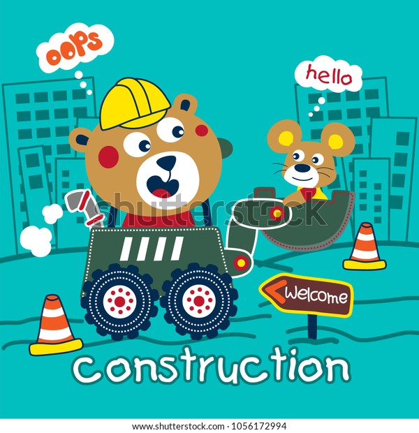 bear and mouse on the digger funny animal\
cartoon,vector\
illustration