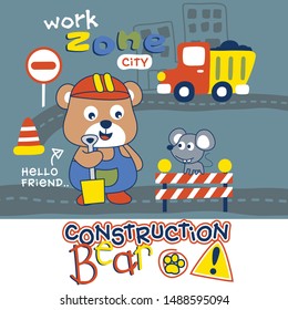 bear and mouse,work zone in the city funny animal cartoon,vector illustration