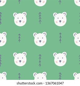 Bear muzzle and fir seamless vector pattern. Hand drawing doodle print