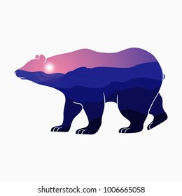 Bear and nature double exposure - animal silhouette with mountain landscape and sun. Modern trendy illustration for logo. Vector.