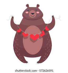 Bear with a necklace of hearts isolated on white. Teddy bear with pink cheeks holding garland of red hearts. Valentine's Day greeting card design with animal. Vector illustration love concept