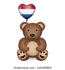 Bear with Netherlands flag heart balloon on a white background. Vector illustration.