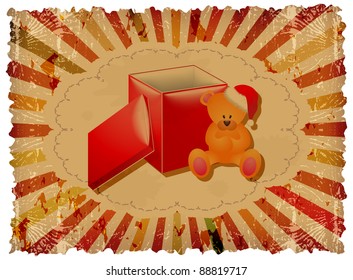 Bear in new year bell and box on abstract vintage background