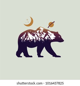 bear and night mountain landscape double exposure, space view, fantasy  style. Vector illustrations