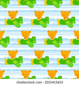 Bear on a airplane vector seamless pattern. Cute pilot seamless pattern and digital paper