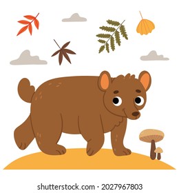 Bear on the autumn lawn.Book illustration. Autumn forest.Fall on the lawn.