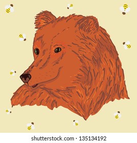 The bear on the background with bees