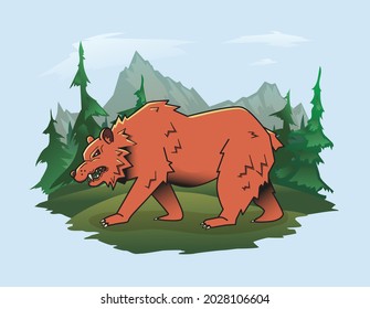 Bear on the background of a mountain landscape. Vector illustration.