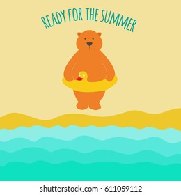  bear on the beach with  the rubber ring. Vector sketch illustration