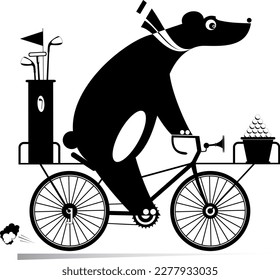 
Bear on the bicycle goes to play golf. 
Cartoon bear with golf clubs and balls is on the way to the golf course on the bicycle. Black and white
