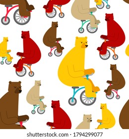 Bear on bicycle pattern seamless. Beast rides bicycle background. Baby fabric texture
