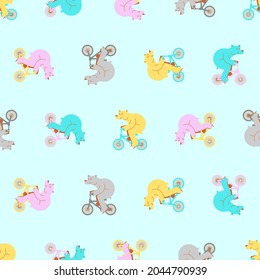 Bear on bicycle pattern seamless. Beast is riding bicycle background. Baby fabric texture. Cartoon childrens ornament