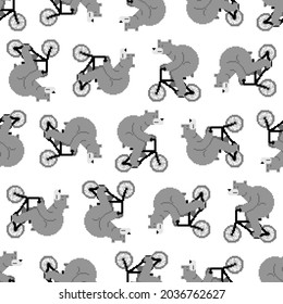 Bear on bicycle pixel art pattern seamless. pixelated Beast is riding bicycle background. 8 bit Cartoon childrens texture. Baby fabric texture