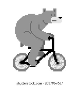 Bear on bicycle pixel art. pixelated Beast is riding bicycle. 8 bit Cartoon childrens illustration