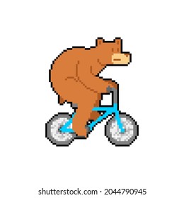 Bear on bicycle pixel art. pixelated Beast is riding bicycle. 8 bit Cartoon childrens illustration