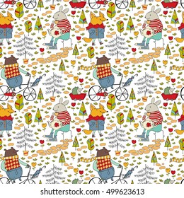 Bear on bicycle. Rabbit drinking tea. Fox in raincoat and scarf. Seamless vector pattern (background).