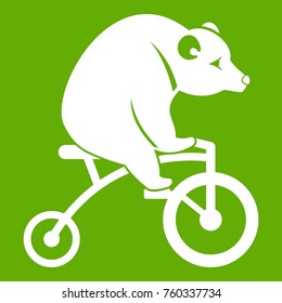 Bear on a bike icon white isolated on green background. Vector illustration