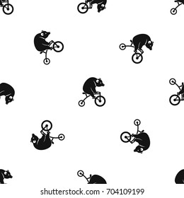 Bear on a bike pattern repeat seamless in black color for any design. Vector geometric illustration