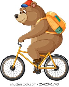 A bear on a bike wearing a colorful backpack