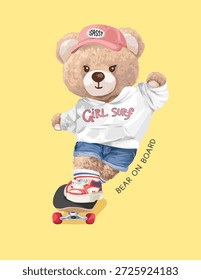 slogan de urso a bordo com boneca de urso feminino na ilustração vetor de skate
