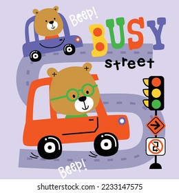 bear on the car funny animal cartoon