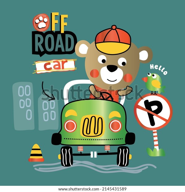bear on the car funny\
animal cartoon