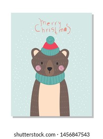Bear on a Christmas card. Vector illustration, with the image of an animal, for printing on a postcard, clothes, Wallpaper. Cute baby background.