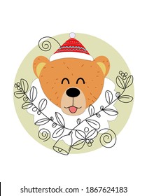  Bear on Christmas style with red hat and scarf vector illustration. Isolated with leaves ornament  on simple color.